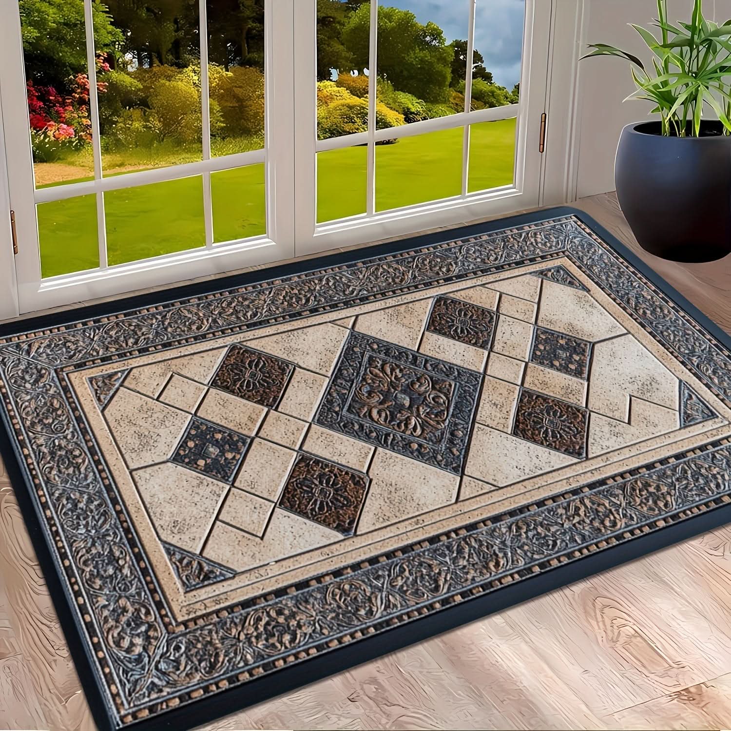 Modern Washable Geometric Border Entry Mat for Busy Homes