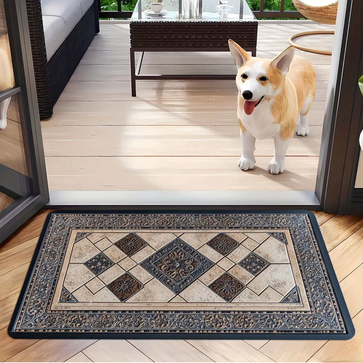 Modern Washable Geometric Border Entry Mat for Busy Homes