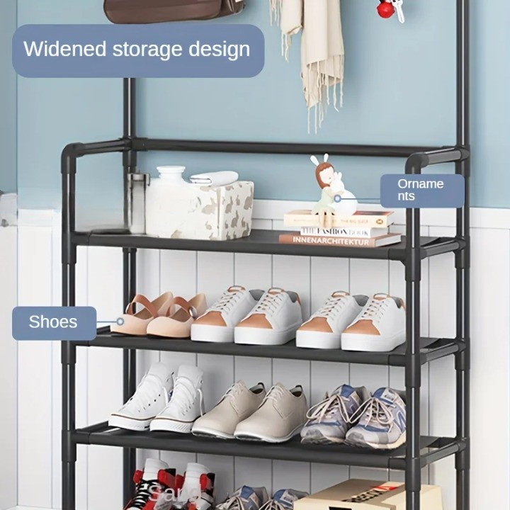 Multi-Tier Steel Frame Coat Rack with Shoe Storage Shelf