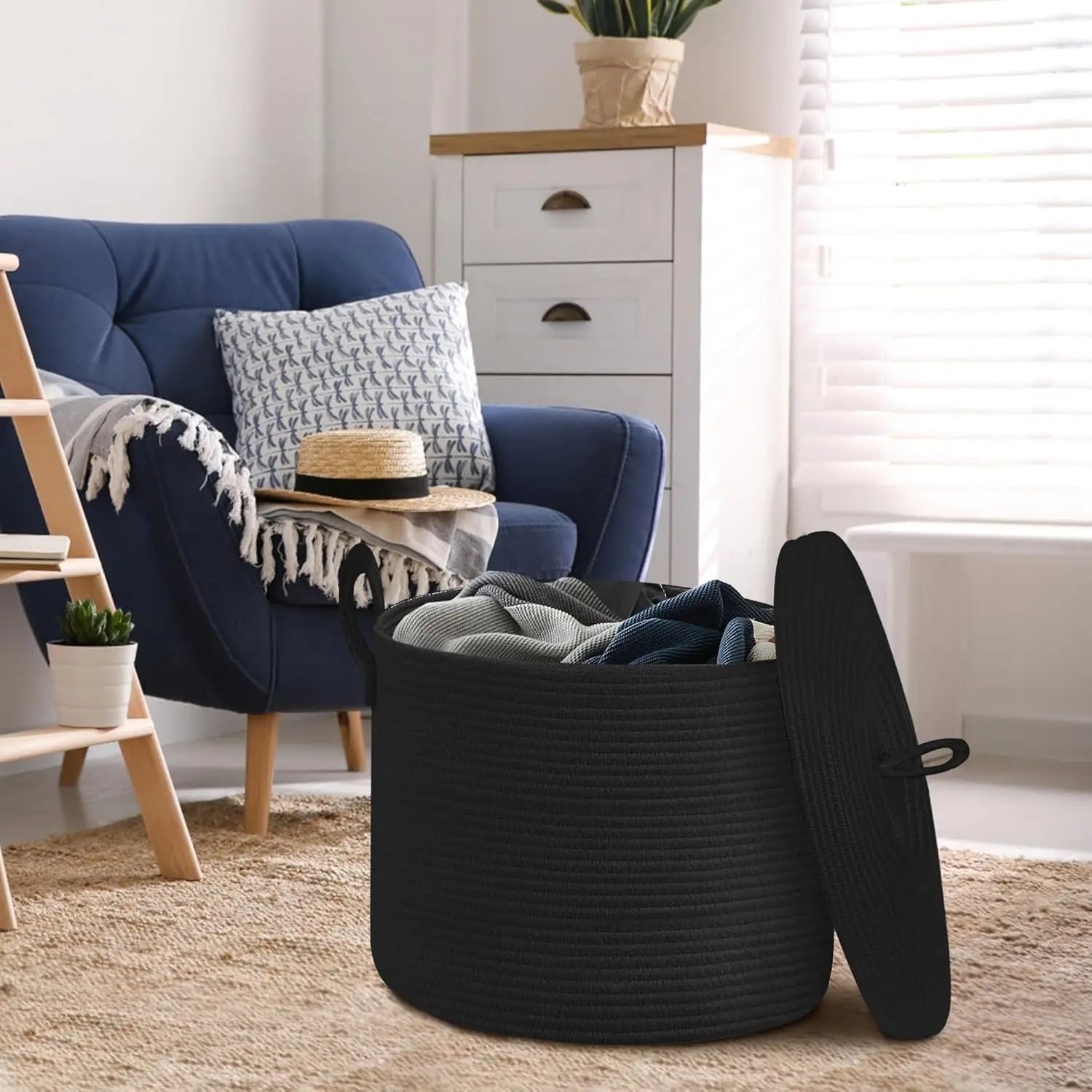 Oversized Black Cotton Rope Basket with Lid for Storage