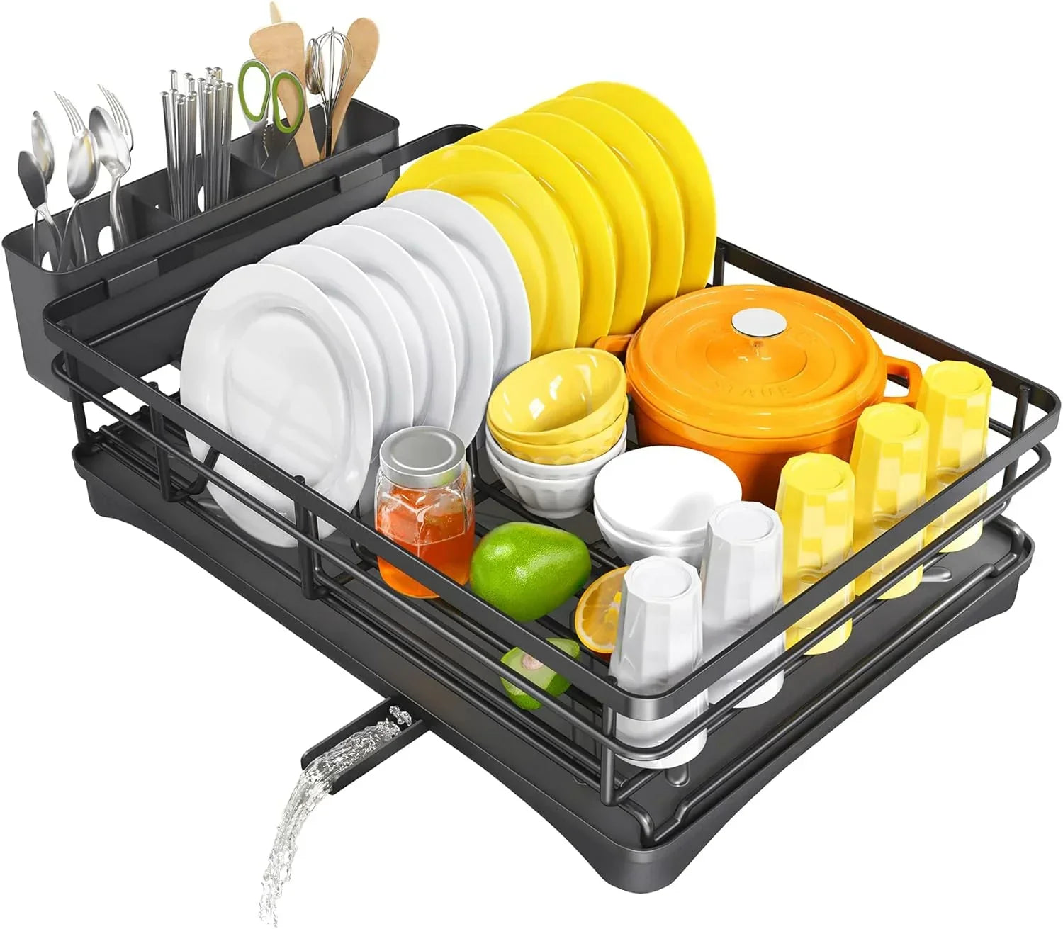 Kitchen Dish Rack with Drain Tray and Spacious Utensil Holder