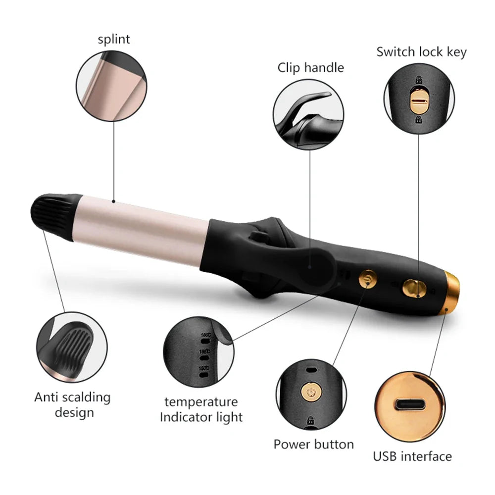 WaveMaster Portable Cordless Curling Iron – Rechargeable Hair Curler with Quick Heat, 3 Heat Levels, Safety Design & Auto Shutoff