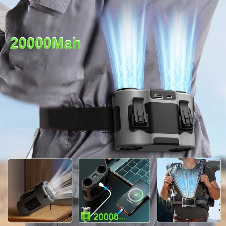 Rechargeable Waist Clip Fan with Dual Airflow and 20,000mAh Battery