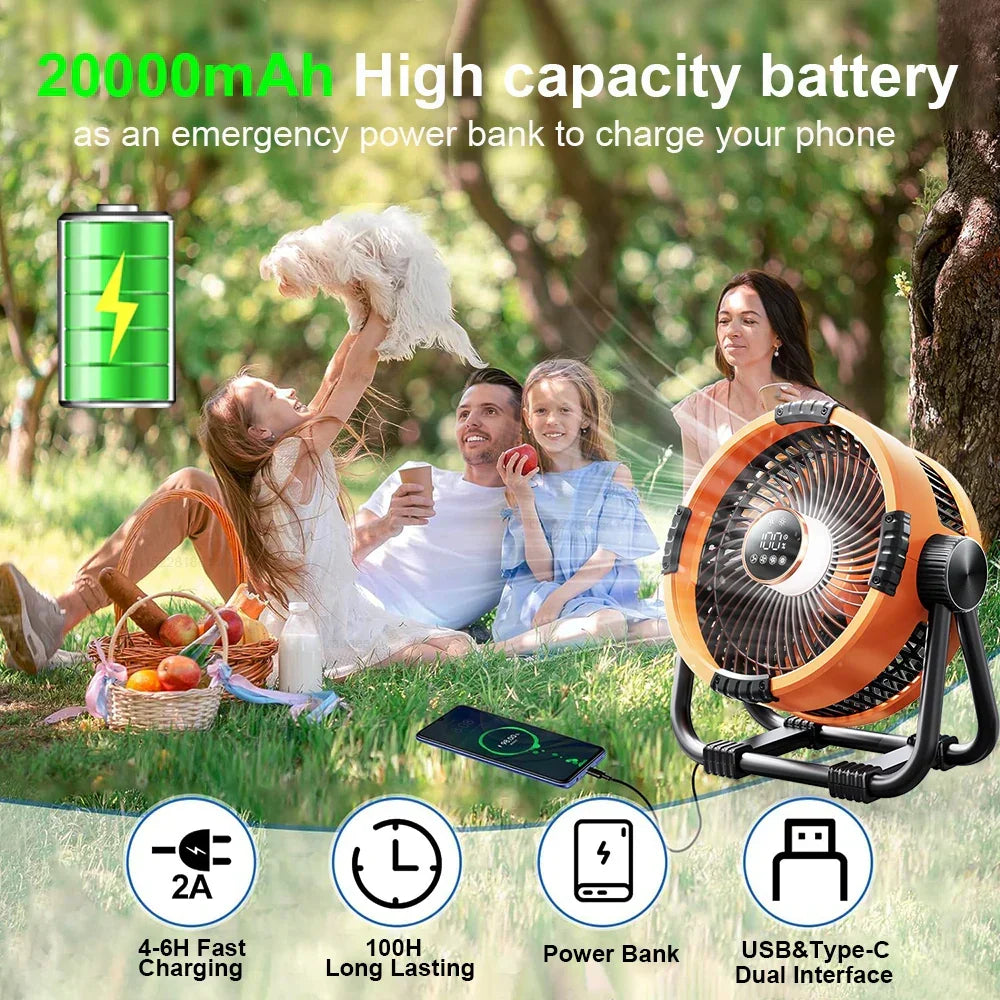 Portable Camping Fan with 20000mAh Battery, LED Light and Remote
