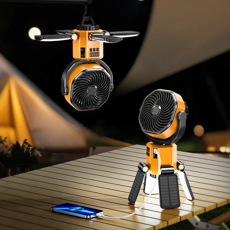 Portable Solar Fan for Camping – 6000mAh Battery, LED Light, 4 Speeds