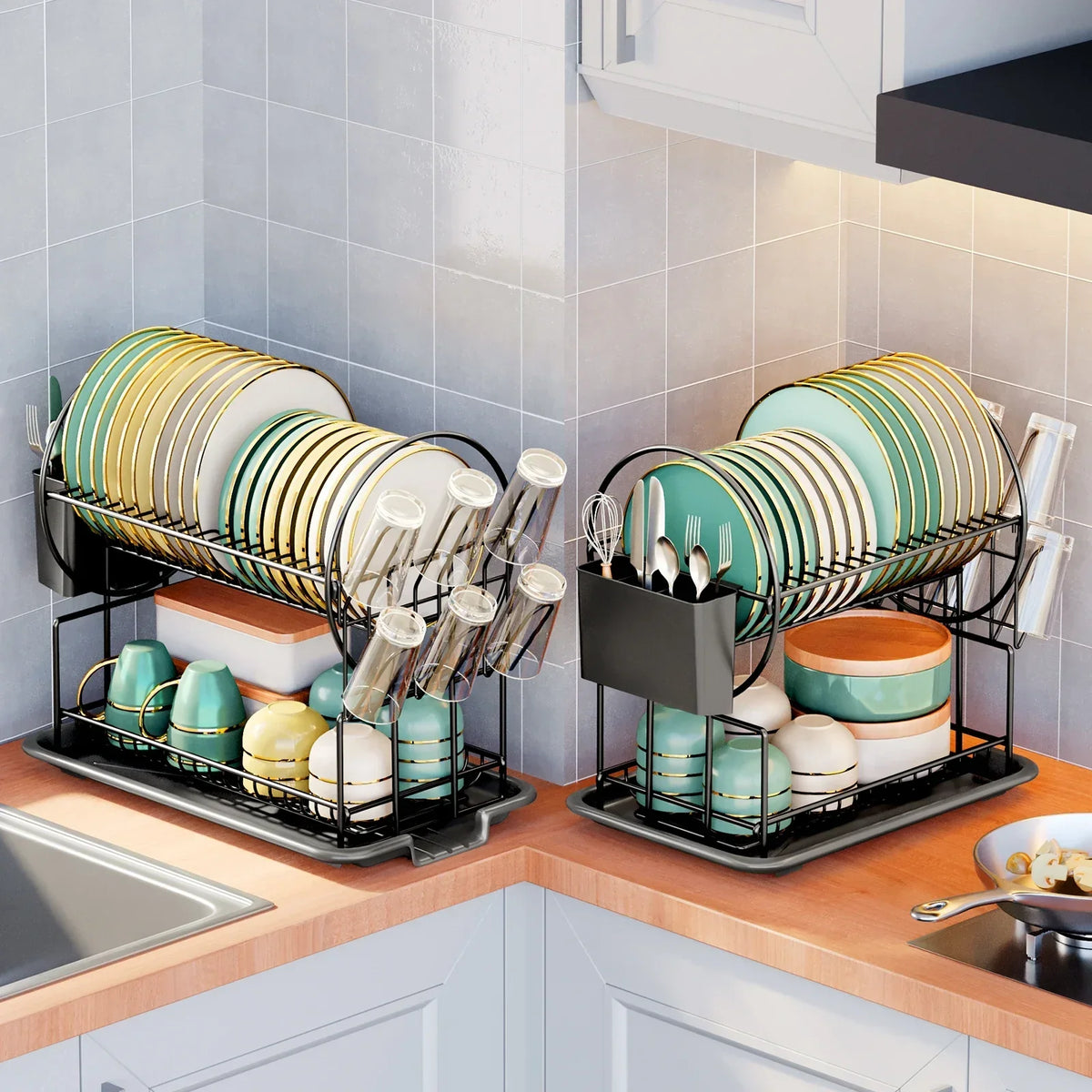 Dish Drying Rack with Drainboard, Cutlery Holder, 2-Tier Design