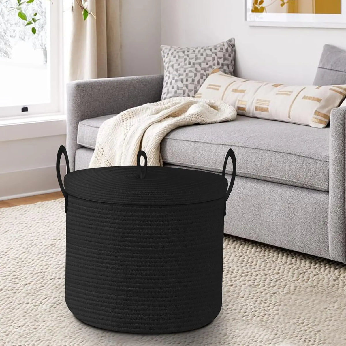 Oversized Black Cotton Rope Basket with Lid for Storage