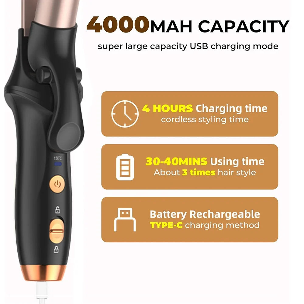 WaveMaster Portable Cordless Curling Iron – Rechargeable Hair Curler with Quick Heat, 3 Heat Levels, Safety Design & Auto Shutoff