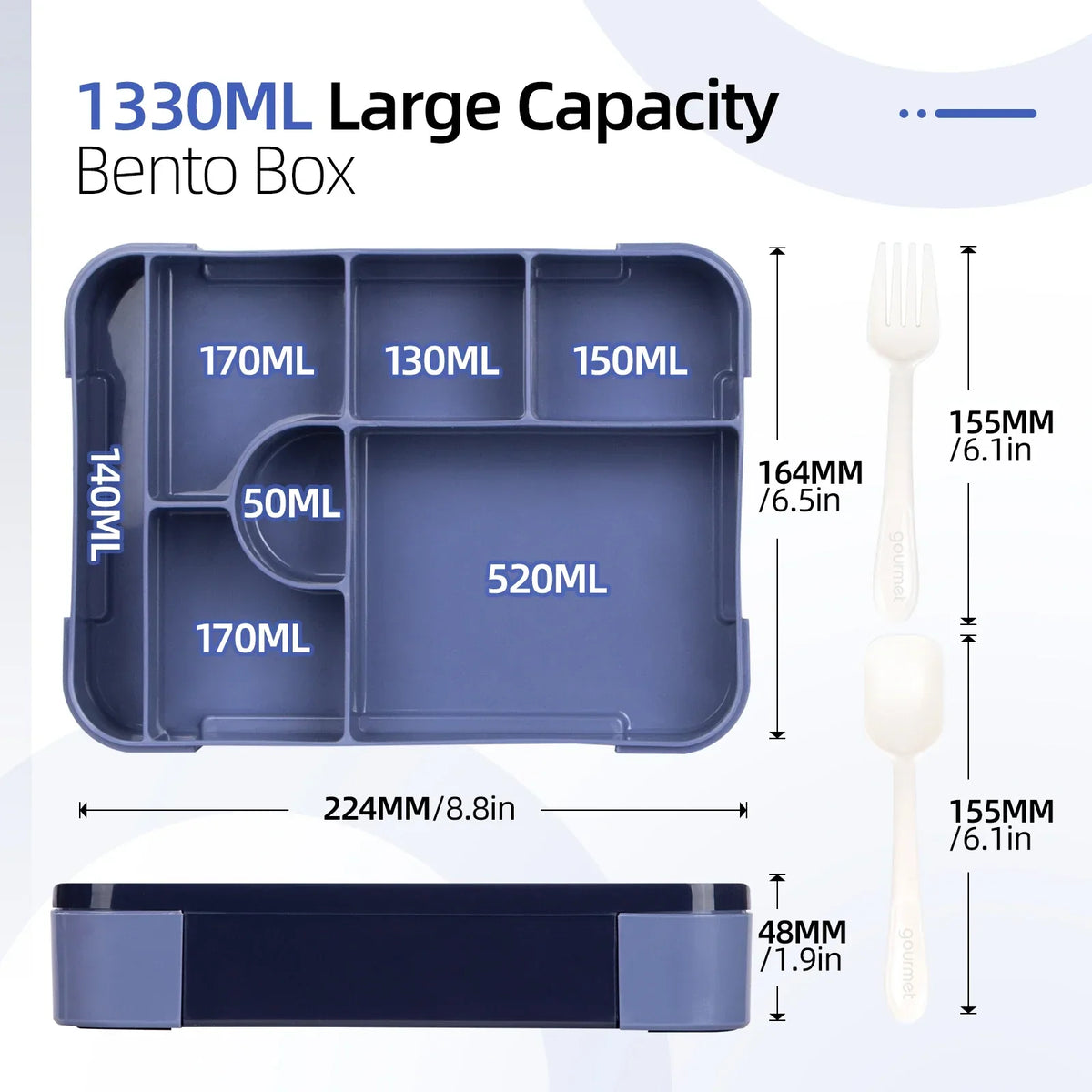Smart Bento Meal Box – 1330ml, 7 Sections, Spill-Resistant with Utensils