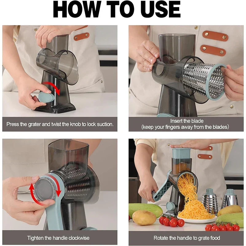 Versatile Rotary Grater with 3 Steel Drums for Quick Prep