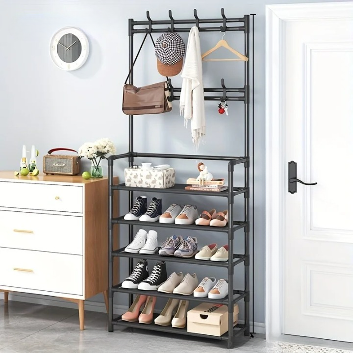Multi-Tier Steel Frame Coat Rack with Shoe Storage Shelf