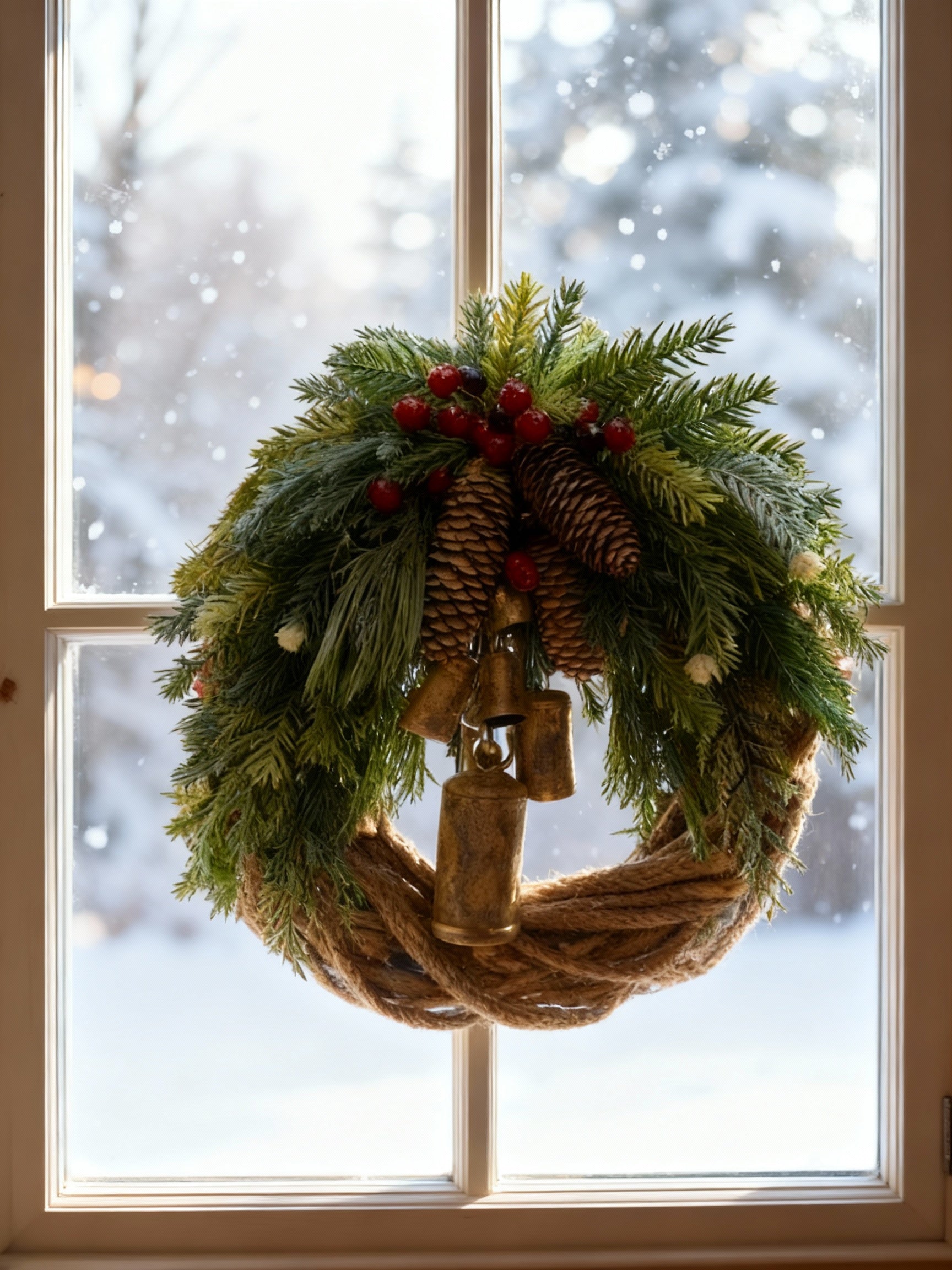 Charming Seasonal Wreath with Natural Accents and Bells - 43 cm