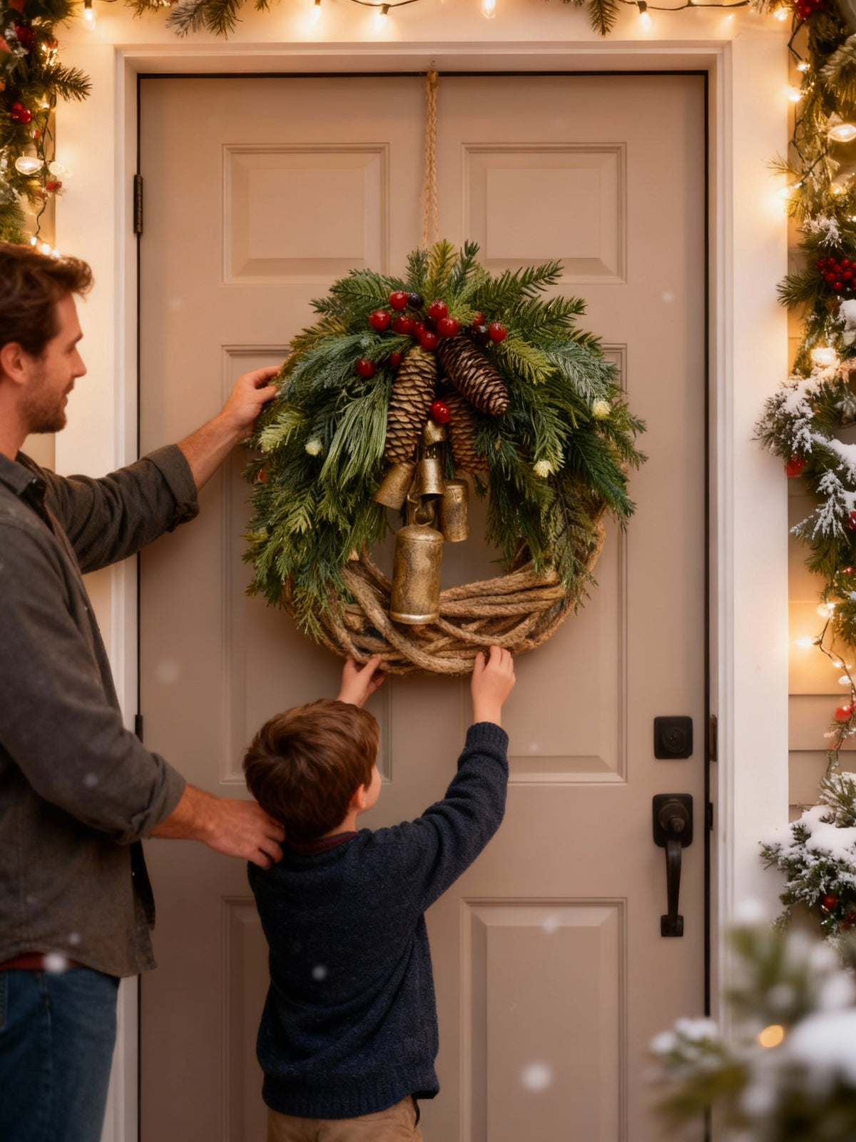 Charming Seasonal Wreath with Natural Accents and Bells - 43 cm