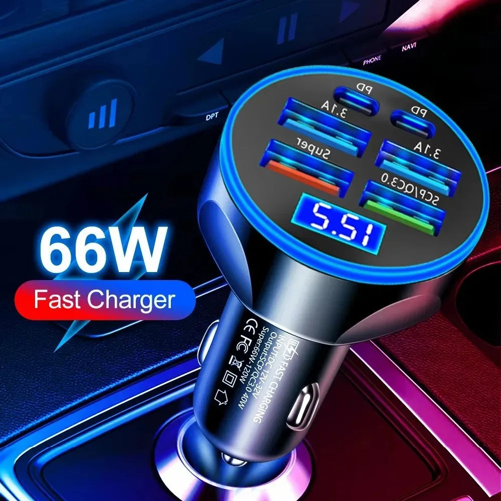 Versatile 6-Port Fast Car Charger with Digital Display
