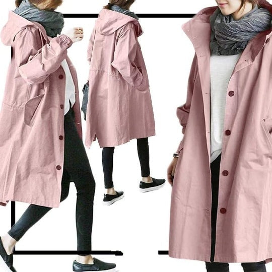 Water-Resistant Women's Midi Overcoat with Adjustable Hood