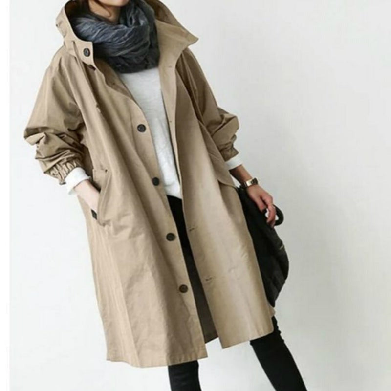 Water-Resistant Women's Midi Overcoat with Adjustable Hood