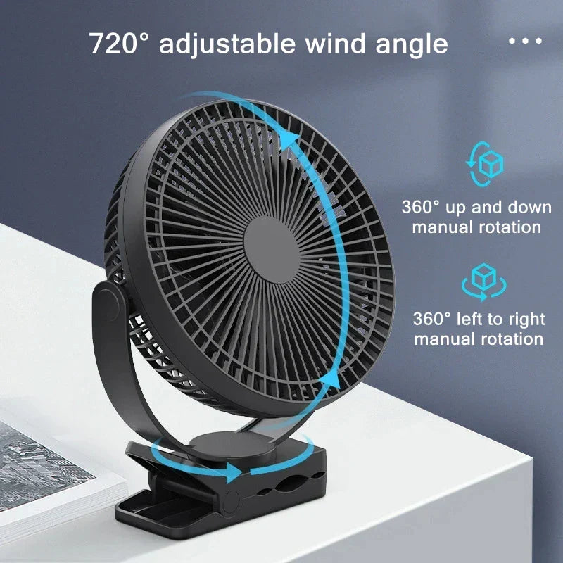 Clip-On USB Rechargeable Fan with 10000mAh Battery – Portable Design