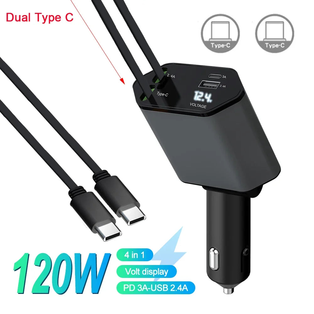 PowerPro 120W Multi-Device Car Charger with Dual Cables