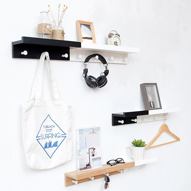 Stylish Wall-Mounted Shelf with Multi-Purpose Hooks