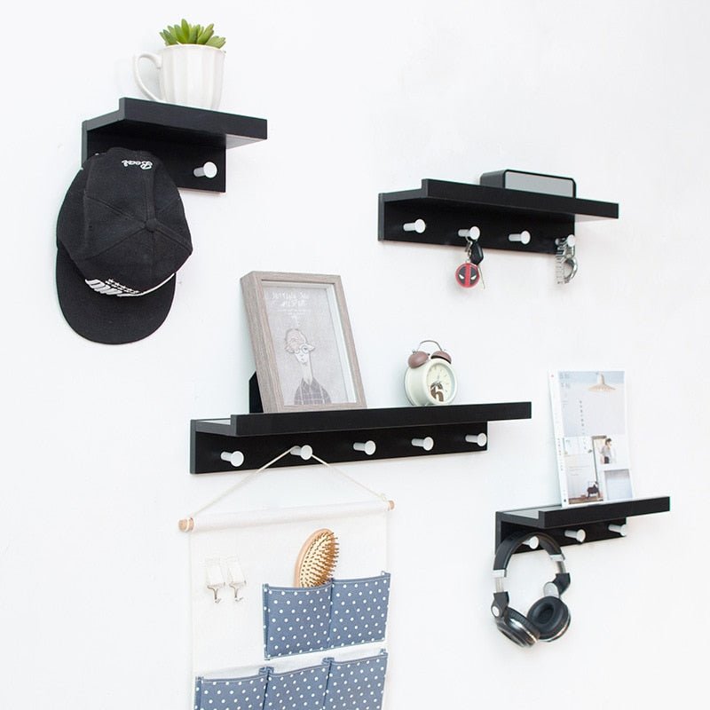Stylish Wall-Mounted Shelf with Multi-Purpose Hooks