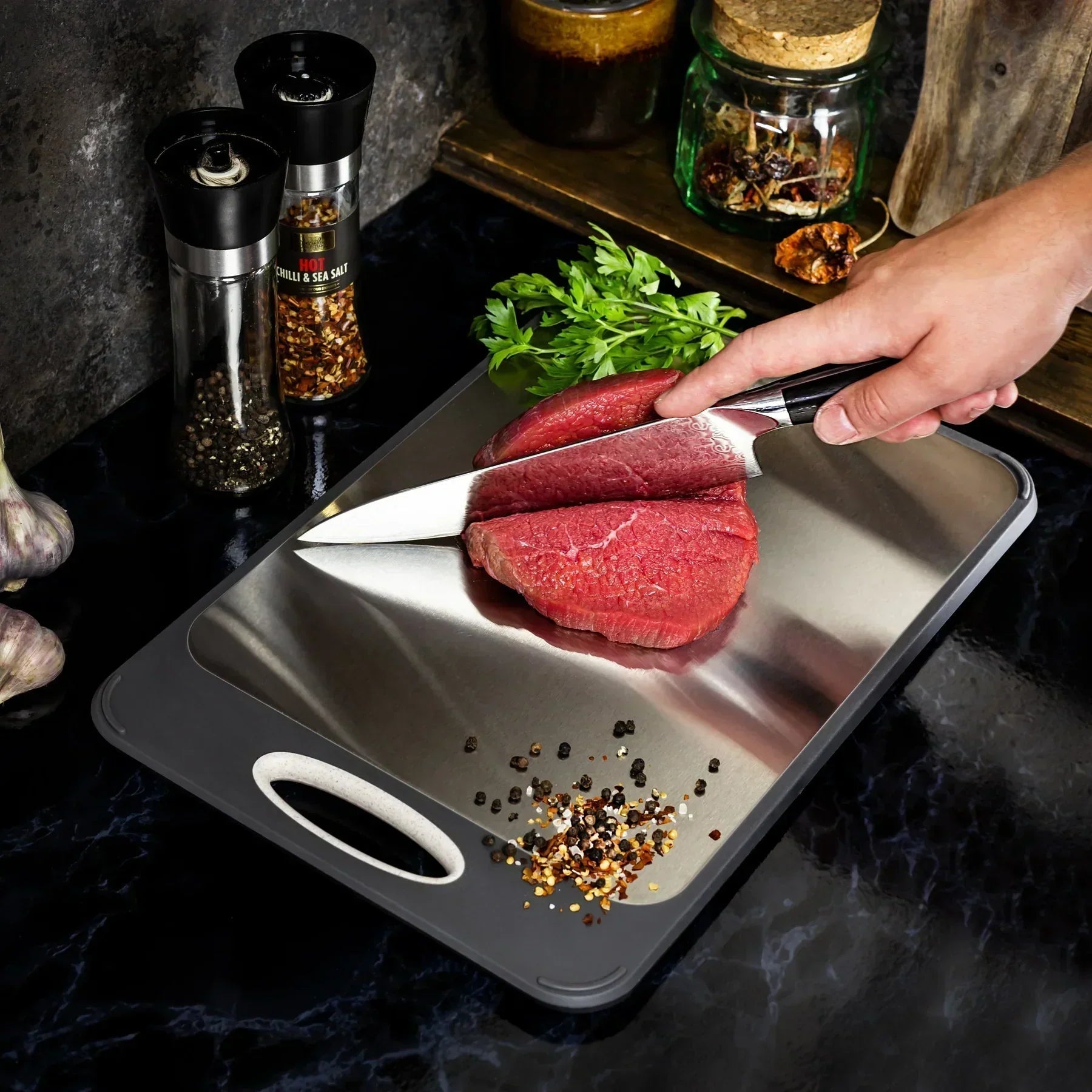 Versatile Stainless Steel Kitchen Prep Board with Grip Handle