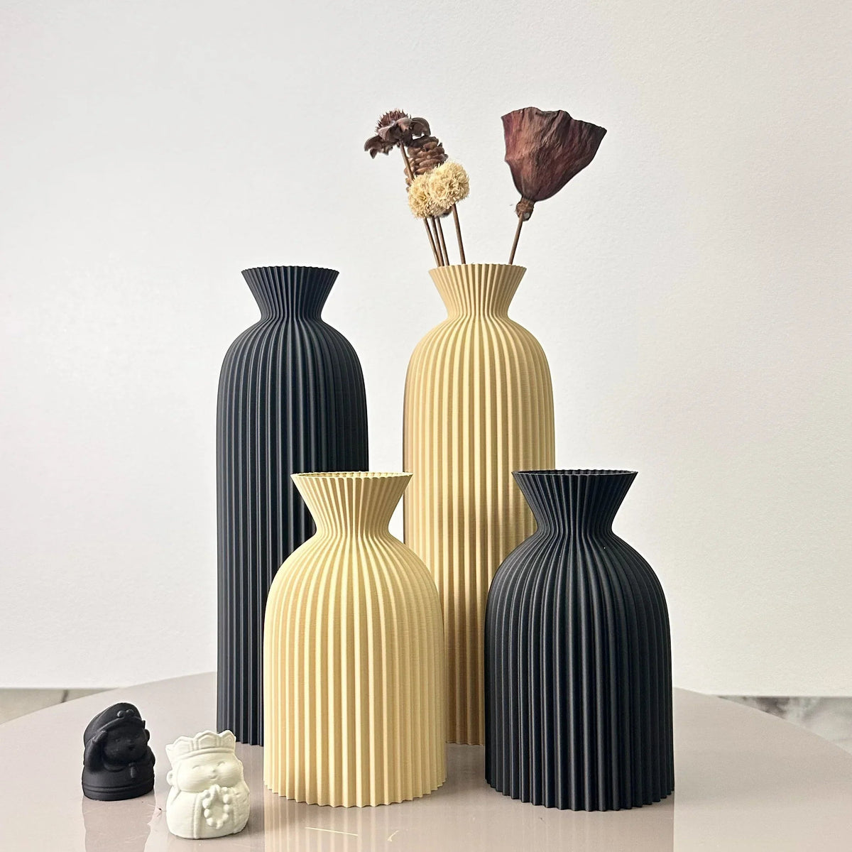 Chic Ceramic Vase Duo with Striped Design in Black and Beige