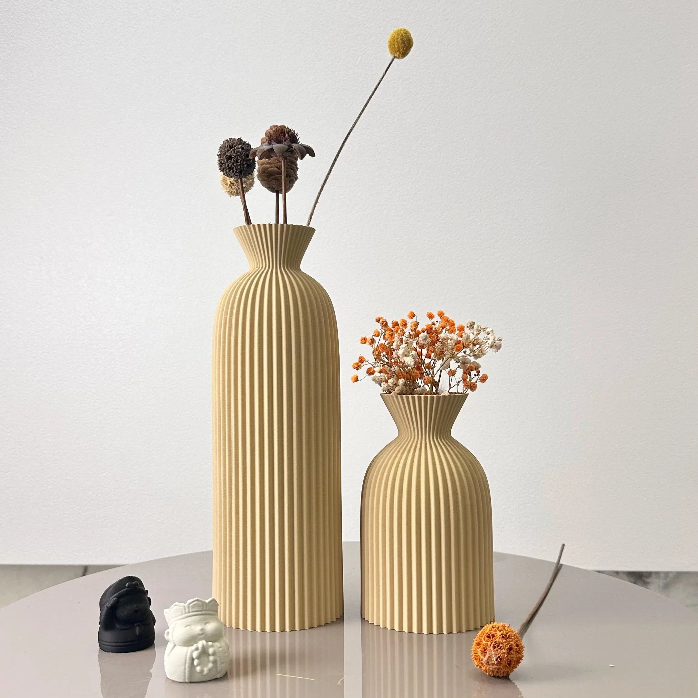 Chic Ceramic Vase Duo with Striped Design in Black and Beige