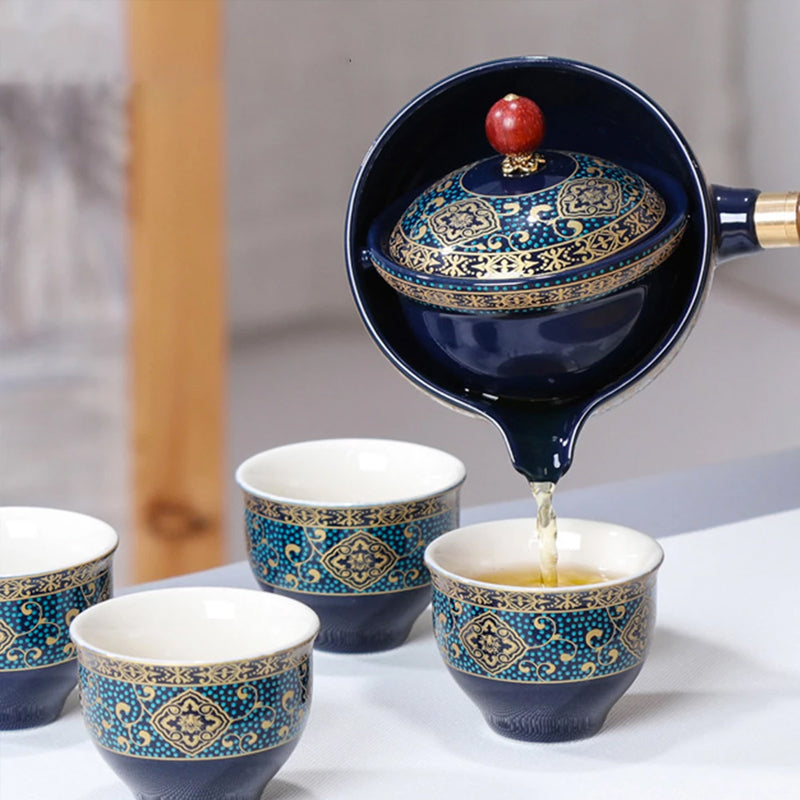 Elegant 5-Piece Ceramic Tea Set with Bamboo Serving Tray