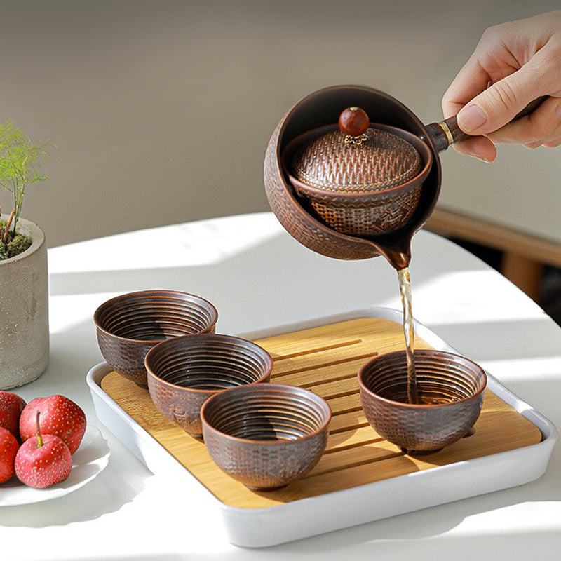 Elegant 5-Piece Ceramic Tea Set with Bamboo Serving Tray