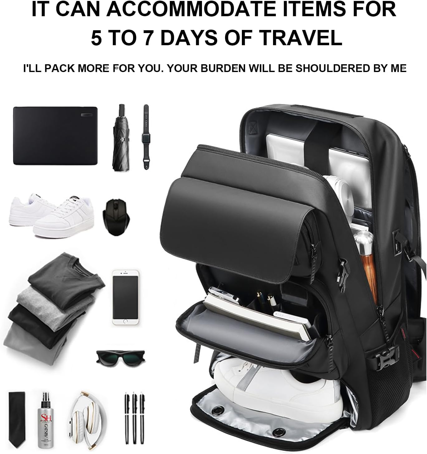 All-Weather 50L Travel Backpack with USB Charging & Shoe Storage