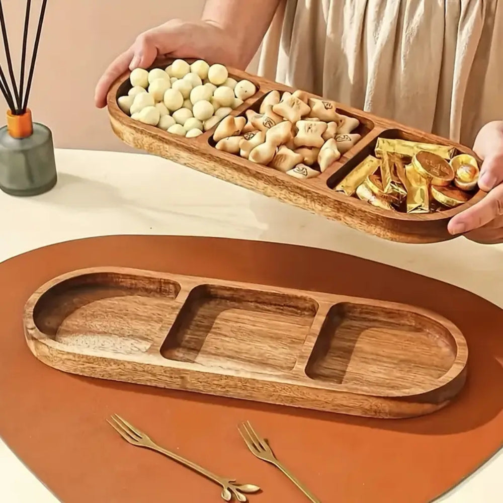 Elegant Divided Wood Serving Tray with Easy-Grip Handles