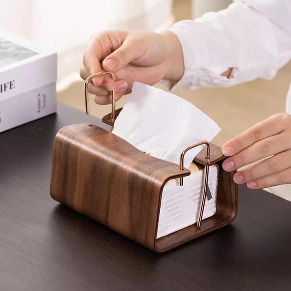 Elegant Walnut Tissue Box Holder with Brass Accent