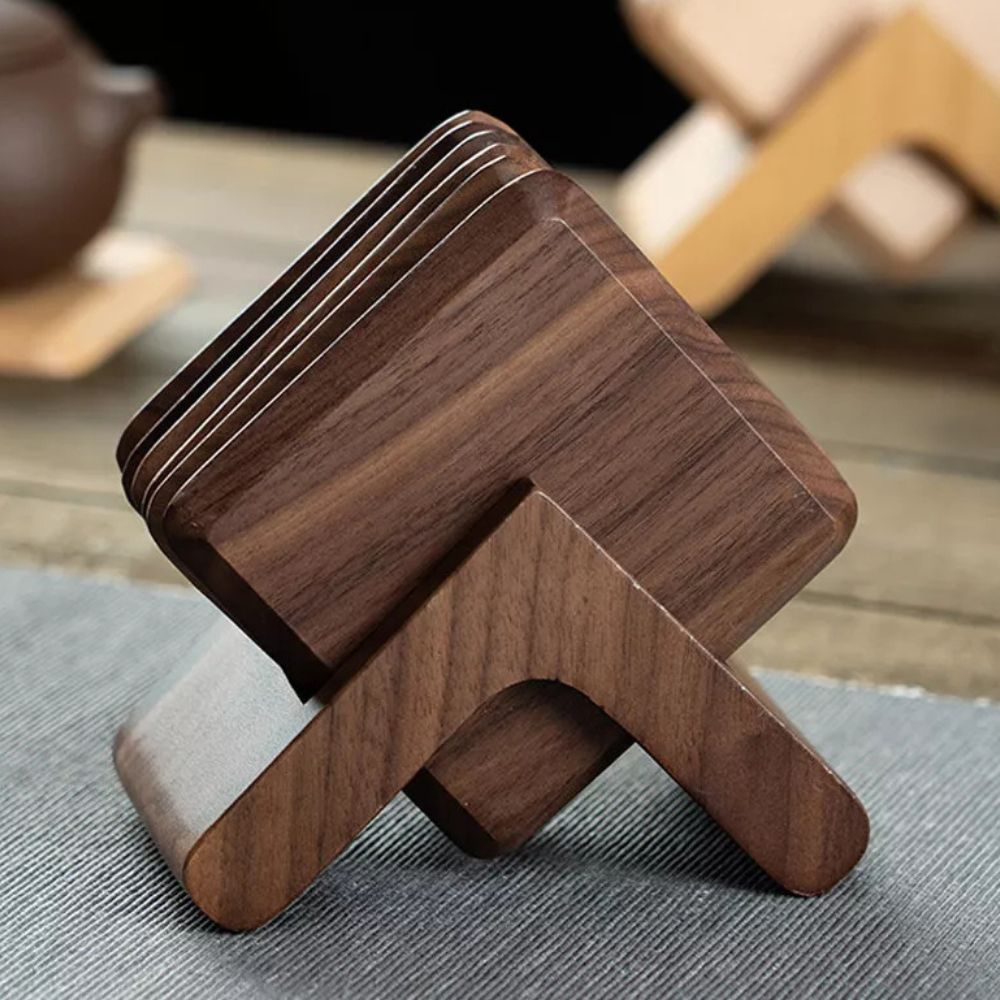 Elegant Wooden Coaster Collection with Stylish Holder - 6 Pieces