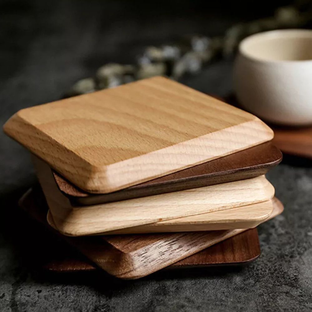 Elegant Wooden Coaster Collection with Stylish Holder - 6 Pieces