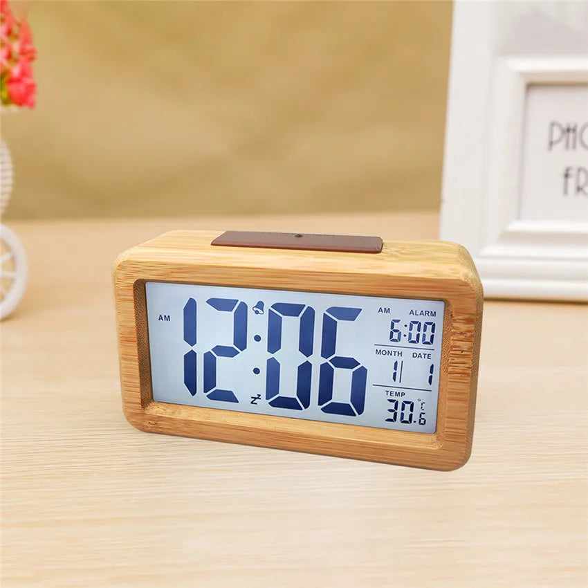 Natural Wood LED Alarm Clock with Time, Date & Temp Display