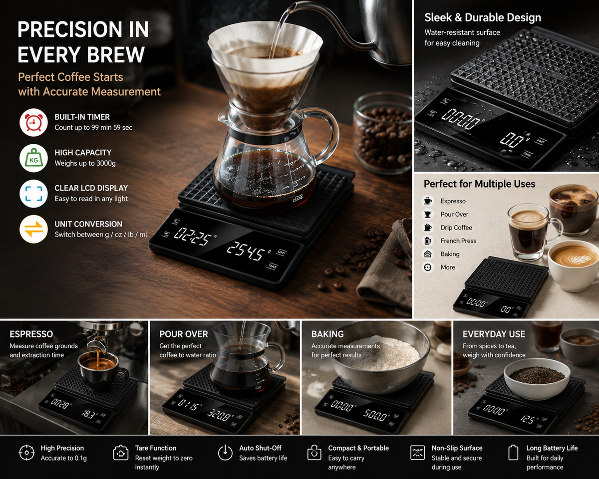 Precision Digital Coffee Scale with Timer & LCD Display
