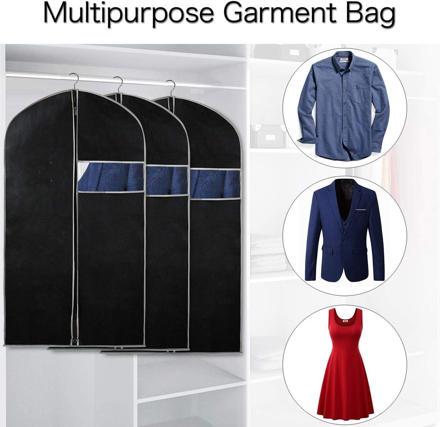 Set of 5 Breathable Garment Covers with Viewing Window for Storage