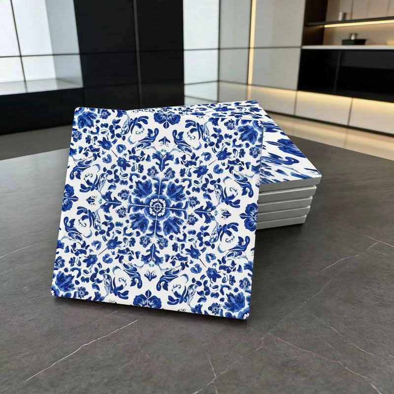 Elegant Blue & White Ceramic Tiles with Floral Design