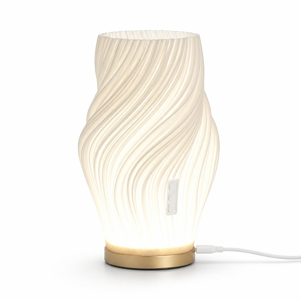 Fabric-Look Wave-Shaped Table Lamp (USB Powered, Touch Dimmer, Metal Base)