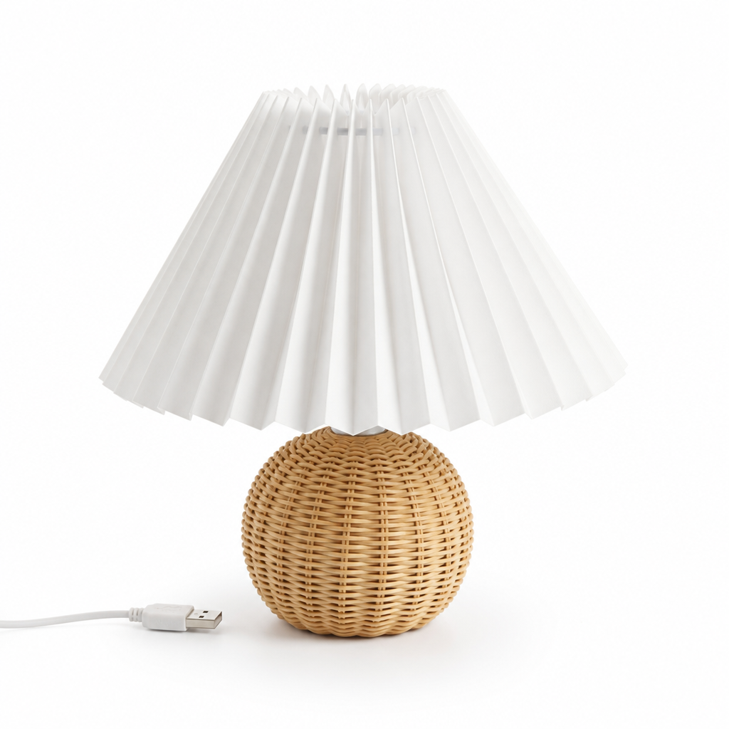 Pleated Fabric Shade & Rattan Base Table Lamp (USB Plug-In)