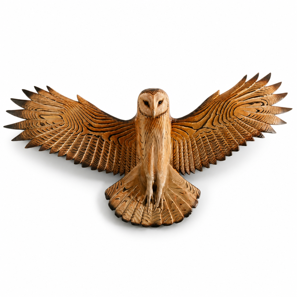 Handcrafted Natural Wood Owl Wall Sculpture (Pre-Installed Hooks)