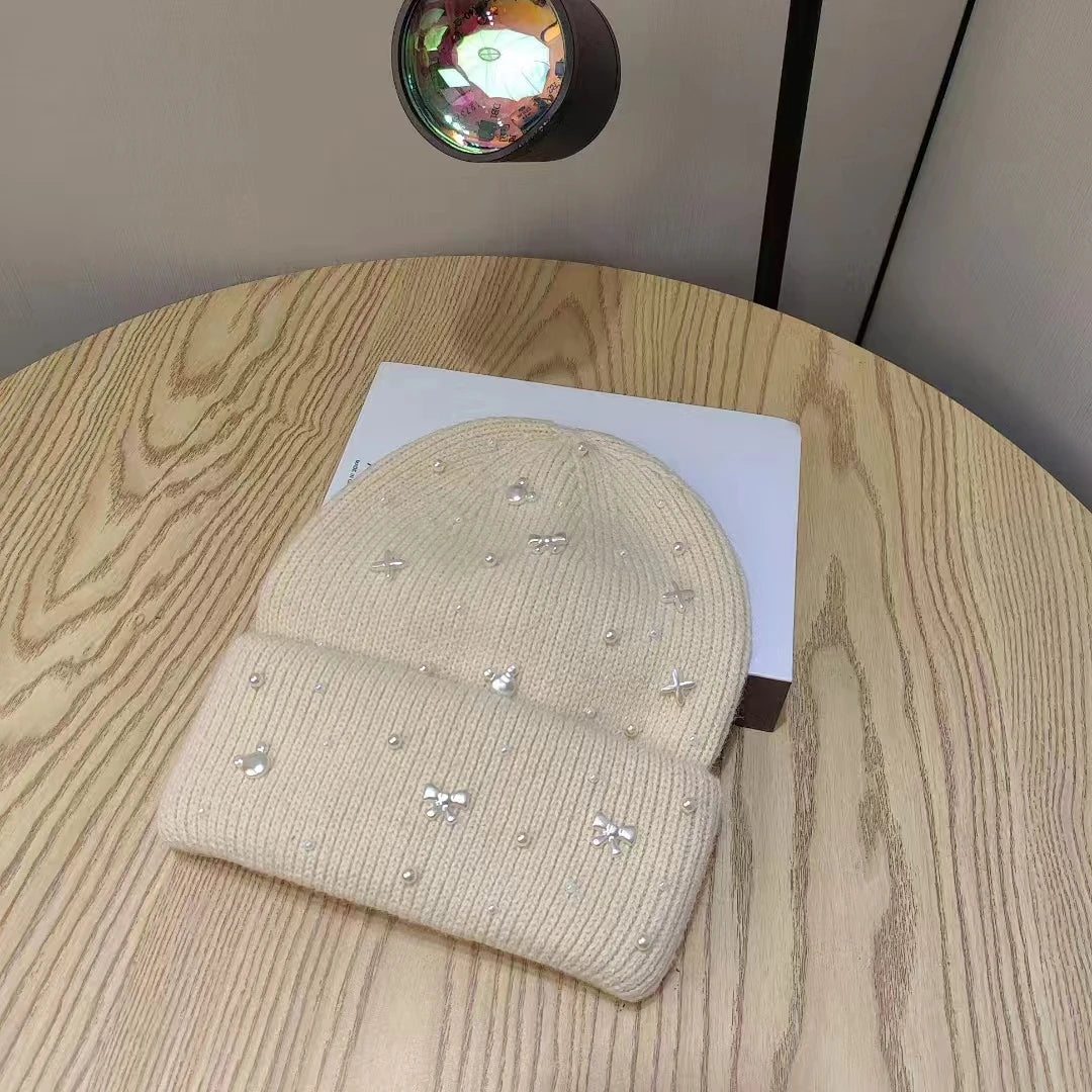 Chic Pearl Detail Knit Beanie for Winter Wear