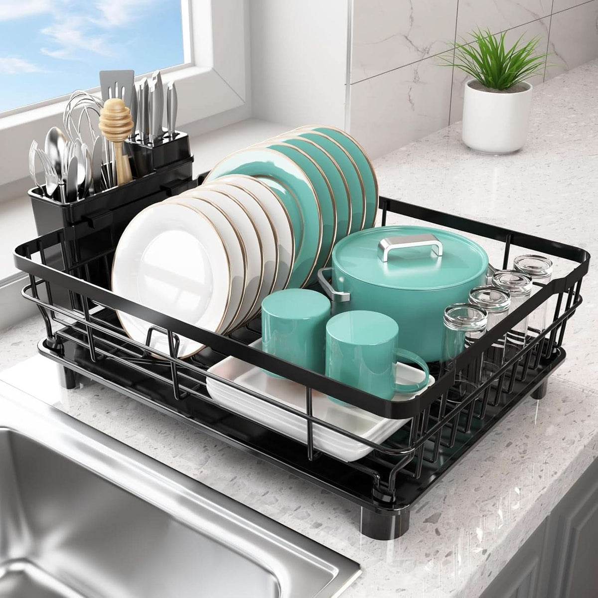 Sleek Dish Drying Rack with Built-In Utensil Organizer