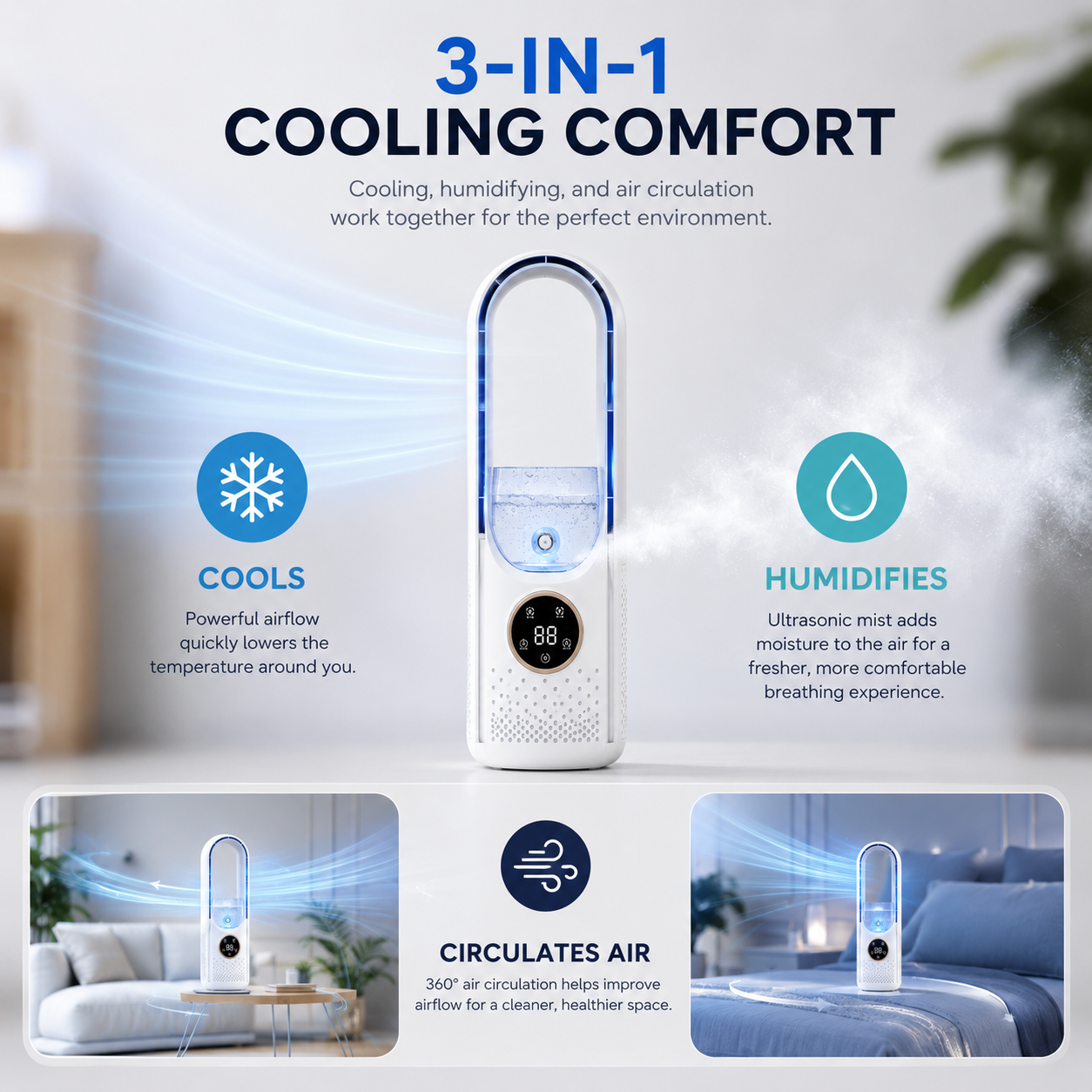 BreezyNest - Compact Bladeless Air Cooler for Peaceful Comfort
