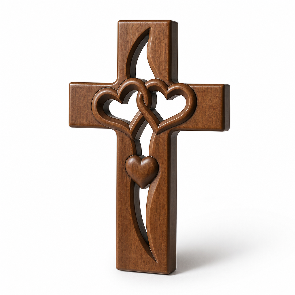 Handcrafted Wood Wall Cross with Intertwined Hearts (Ready-to-Hang)