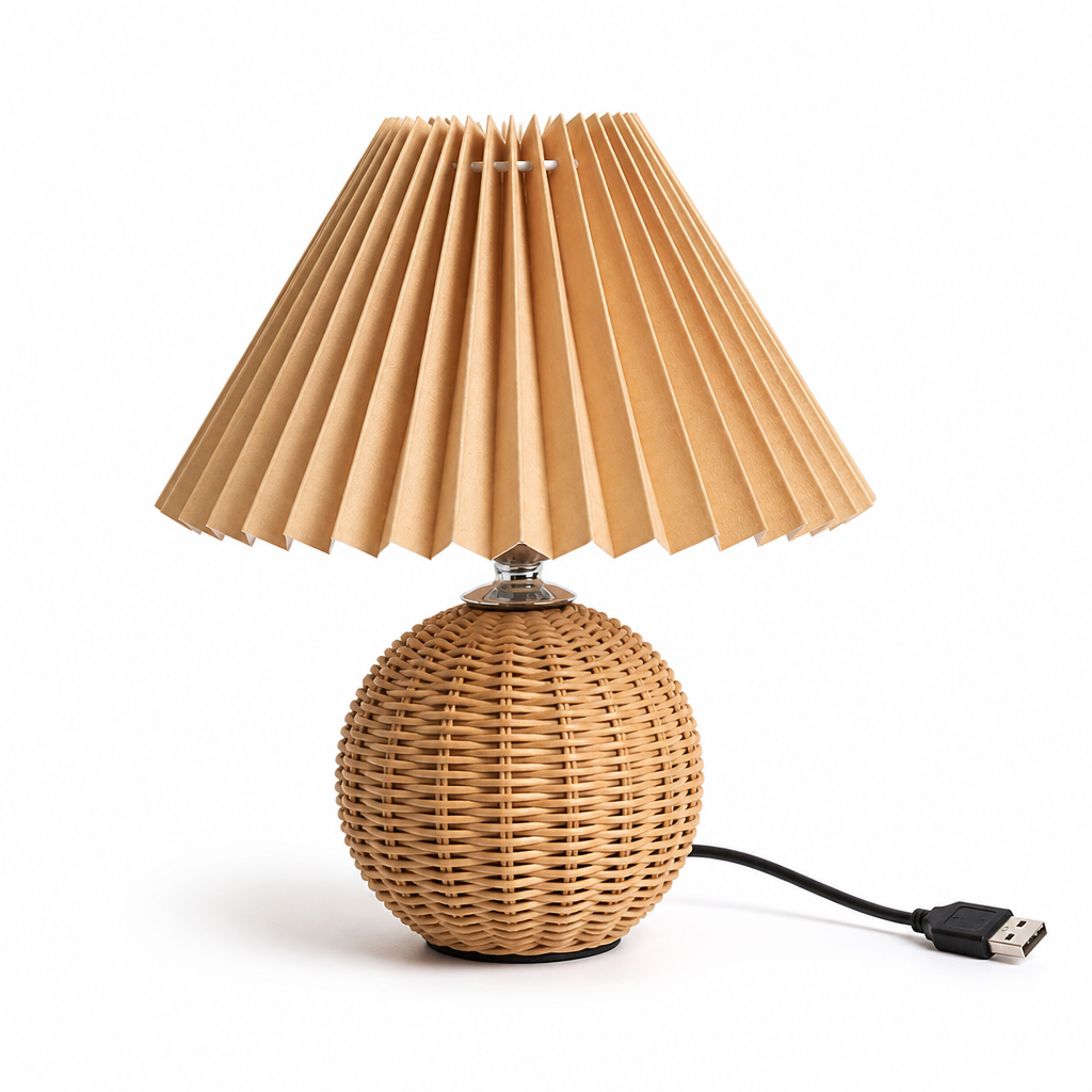 Pleated Fabric Shade & Rattan Base Table Lamp (USB Plug-In)