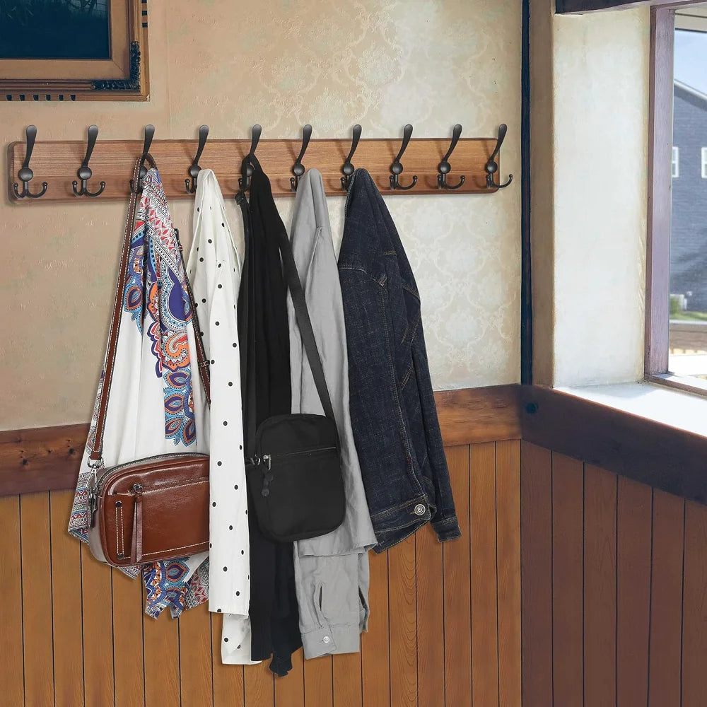 Elegant Wooden Wall-Mounted Coat Organizer with 10 Hooks