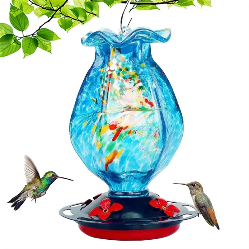 Artisan Glass Hanging Hummingbird Feeder in Ocean Blue