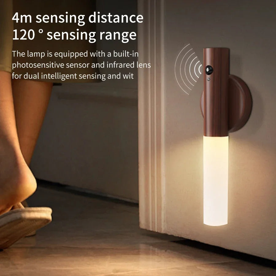 Elegant Wood-Style Motion-Activated Night Light with Magnetic Mount