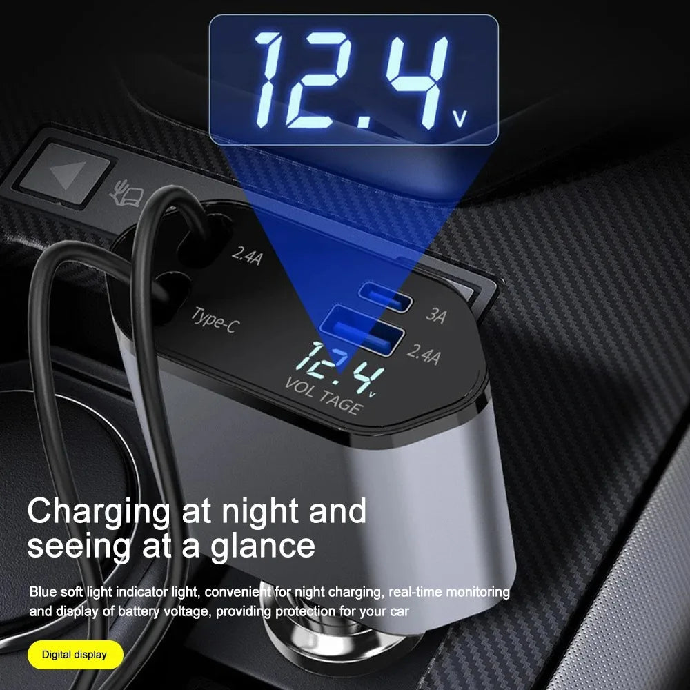PowerDrive 120W Retractable Vehicle Charger – Compact Fast Charging Adapter